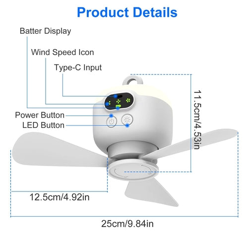 1Pc 2 In 1 Portable Camping Fan With LED Lantern 8000mAh Battery